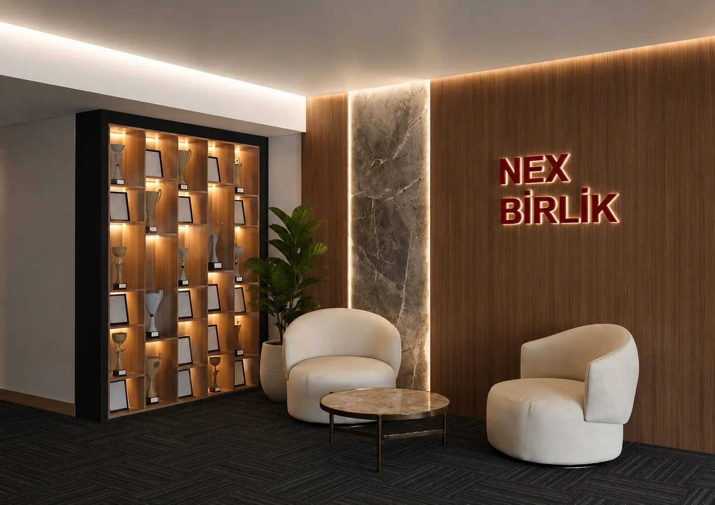 NexBirlik tabelası, aydınlatılmış raflar ve koltukların bulunduğu karşılama alanı